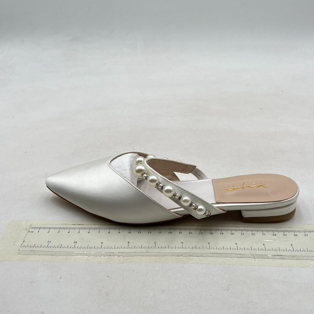 XYD White Pearl-Embellished Pointed Toe Mule Sandals